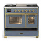 ILVE Majestic III 40-Inch Dual Fuel Range with 6 Sealed Burners + Griddle, 3.82 cu. ft. Oven, Blue Grey with Brass Trim, Natural Gas, Triple Glass Door, UMD40FNR3BGG