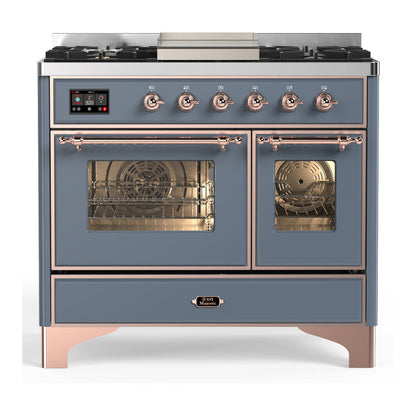 ILVE Majestic III 40-Inch Dual Fuel Range with 6 Sealed Burners + Griddle, 3.82 cu. ft. Oven, Blue Grey with Copper Trim, Liquid Propane, Triple Glass Door, UMD40FNR3BGPLP