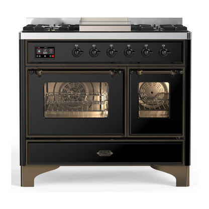 ILVE Majestic III 40-Inch Dual Fuel Range with 6 Sealed Burners + Griddle, 3.82 cu. ft. Oven, Glossy Black with Burnished Trim, Natural Gas, Triple Glass Door, UMD40FNR3BKB