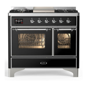 ILVE Majestic III 40-Inch Dual Fuel Range with 6 Sealed Burners + Griddle, 3.82 cu. ft. Oven, Glossy Black with Chrome Trim, Liquid Propane, Triple Glass Door, UMD40FNR3BKCLP