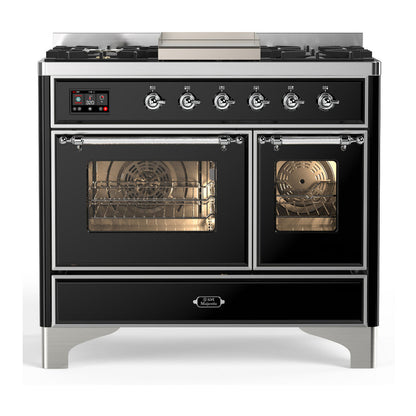ILVE Majestic III 40-Inch Dual Fuel Range with 6 Sealed Burners + Griddle, 3.82 cu. ft. Oven, Glossy Black with Chrome Trim, Liquid Propane, Triple Glass Door, UMD40FNR3BKCLP