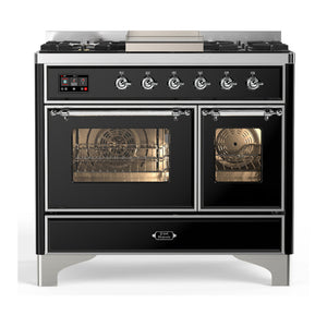 ILVE Majestic III 40-Inch Dual Fuel Range with 6 Sealed Burners + Griddle, 3.82 cu. ft. Oven, Glossy Black with Chrome Trim, Natural Gas, Triple Glass Door, UMD40FNR3BKC