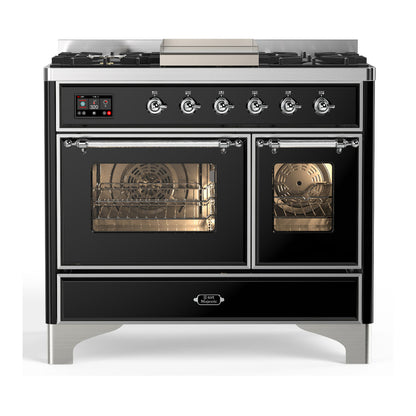 ILVE Majestic III 40-Inch Dual Fuel Range with 6 Sealed Burners + Griddle, 3.82 cu. ft. Oven, Glossy Black with Chrome Trim, Natural Gas, Triple Glass Door, UMD40FNR3BKC