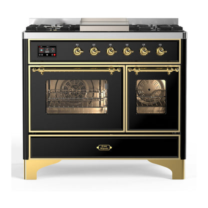 ILVE Majestic III 40-Inch Dual Fuel Range with 6 Sealed Burners + Griddle, 3.82 cu. ft. Oven, Glossy Black with Brass Trim, Liquid Propane, Triple Glass Door, UMD40FNR3BKGLP