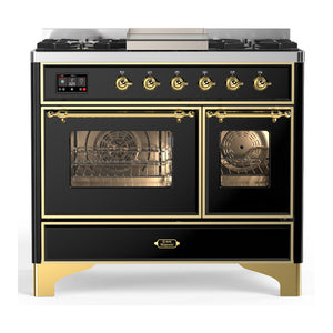 ILVE Majestic III 40-Inch Dual Fuel Range with 6 Sealed Burners + Griddle, 3.82 cu. ft. Oven, Glossy Black with Brass Trim, Natural Gas, Triple Glass Door, UMD40FNR3BKG