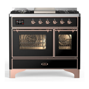 ILVE Majestic III 40-Inch Dual Fuel Range with 6 Sealed Burners + Griddle, 3.82 cu. ft. Oven, Glossy Black with Copper Trim, Liquid Propane, Triple Glass Door, UMD40FNR3BKPLP