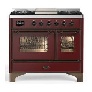 ILVE Majestic III 40-Inch Dual Fuel Range with 6 Sealed Burners + Griddle, 3.82 cu. ft. Oven, Burgundy with Burnished Trim, Liquid Propane, Triple Glass Door, UMD40FNR3BUBLP