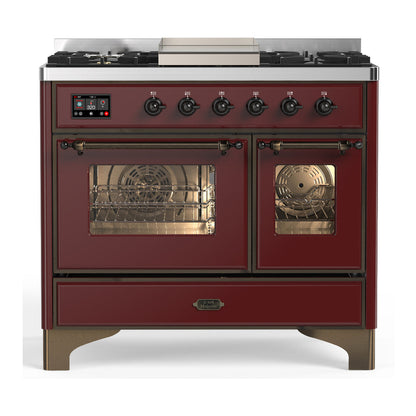 ILVE Majestic III 40-Inch Dual Fuel Range with 6 Sealed Burners + Griddle, 3.82 cu. ft. Oven, Burgundy with Burnished Trim, Liquid Propane, Triple Glass Door, UMD40FNR3BUBLP