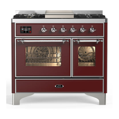 ILVE Majestic III 40-Inch Dual Fuel Range with 6 Sealed Burners + Griddle, 3.82 cu. ft. Oven, Burgundy with Chrome Trim, Liquid Propane, Triple Glass Door, UMD40FNR3BUCLP