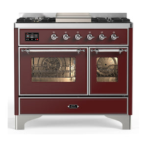 ILVE Majestic III 40-Inch Dual Fuel Range with 6 Sealed Burners + Griddle, 3.82 cu. ft. Oven, Burgundy with Chrome Trim, Natural Gas, Triple Glass Door, UMD40FNR3BUC