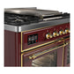 ILVE Majestic III 40-Inch Dual Fuel Range with 6 Sealed Burners + Griddle, 3.82 cu. ft. Oven, Burgundy with Brass Trim, Liquid Propane, Triple Glass Door, UMD40FNR3BUGLP