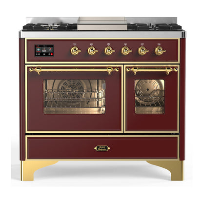 ILVE Majestic III 40-Inch Dual Fuel Range with 6 Sealed Burners + Griddle, 3.82 cu. ft. Oven, Burgundy with Brass Trim, Liquid Propane, Triple Glass Door, UMD40FNR3BUGLP