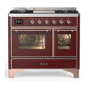 ILVE Majestic III 40-Inch Dual Fuel Range with 6 Sealed Burners + Griddle, 3.82 cu. ft. Oven, Burgundy with Copper Trim, Liquid Propane, Triple Glass Door, UMD40FNR3BUPLP