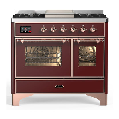 ILVE Majestic III 40-Inch Dual Fuel Range with 6 Sealed Burners + Griddle, 3.82 cu. ft. Oven, Burgundy with Copper Trim, Liquid Propane, Triple Glass Door, UMD40FNR3BUPLP