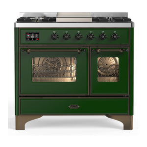 ILVE Majestic III 40-Inch Dual Fuel Range with 6 Sealed Burners + Griddle, 3.82 cu. ft. Oven, Emerald Green with Burnished Trim, Liquid Propane, Triple Glass Door, UMD40FNR3EGBLP