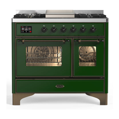 ILVE Majestic III 40-Inch Dual Fuel Range with 6 Sealed Burners + Griddle, 3.82 cu. ft. Oven, Emerald Green with Burnished Trim, Liquid Propane, Triple Glass Door, UMD40FNR3EGBLP
