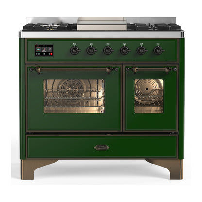 ILVE Majestic III 40-Inch Dual Fuel Range with 6 Sealed Burners + Griddle, 3.82 cu. ft. Oven, Emerald Green with Burnished Trim, Natural Gas, Triple Glass Door, UMD40FNR3EGB