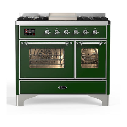 ILVE Majestic III 40-Inch Dual Fuel Range with 6 Sealed Burners + Griddle, 3.82 cu. ft. Oven, Emerald Green with Chrome Trim, Liquid Propane, Triple Glass Door, UMD40FNR3EGCLP