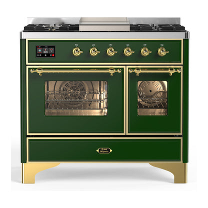 ILVE Majestic III 40-Inch Dual Fuel Range with 6 Sealed Burners + Griddle, 3.82 cu. ft. Oven, Emerald Green with Brass Trim, Liquid Propane, Triple Glass Door, UMD40FNR3EGGLP