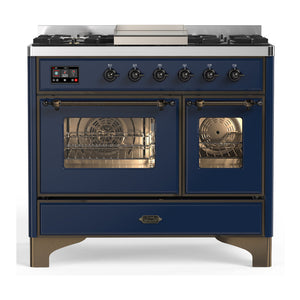 ILVE Majestic III 40-Inch Dual Fuel Range with 6 Sealed Burners + Griddle, 3.82 cu. ft. Oven, Mightnight Blue with Burnished Trim, Liquid Propane, Triple Glass Door, UMD40FNR3MBBLP
