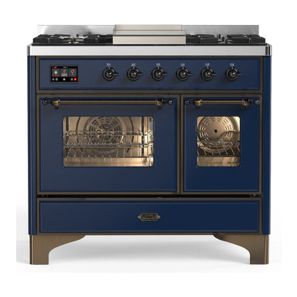 ILVE Majestic III 40-Inch Dual Fuel Range with 6 Sealed Burners + Griddle, 3.82 cu. ft. Oven, Mightnight Blue with Burnished Trim, Liquid Propane, Triple Glass Door, UMD40FNR3MBBLP