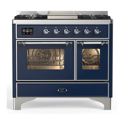 ILVE Majestic III 40-Inch Dual Fuel Range with 6 Sealed Burners + Griddle, 3.82 cu. ft. Oven, Mightnight Blue with Chrome Trim, Natural Gas, Triple Glass Door, UMD40FNR3MBC