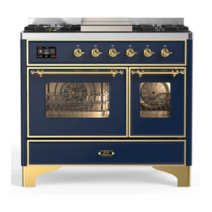 ILVE Majestic III 40-Inch Dual Fuel Range with 6 Sealed Burners + Griddle, 3.82 cu. ft. Oven, Mightnight Blue with Brass Trim, Liquid Propane, Triple Glass Door, UMD40FNR3MBGLP