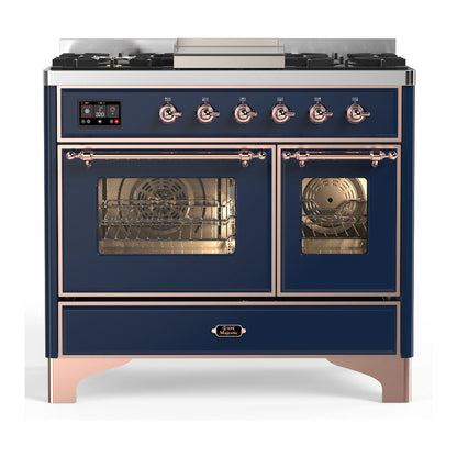 ILVE Majestic III 40-Inch Dual Fuel Range with 6 Sealed Burners + Griddle, 3.82 cu. ft. Oven, Mightnight Blue with Copper Trim, Liquid Propane, Triple Glass Door, UMD40FNR3MBPLP