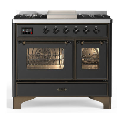 ILVE Majestic III 40-Inch Dual Fuel Range with 6 Sealed Burners + Griddle, 3.82 cu. ft. Oven, Matte Graphite with Burnished Trim, Liquid Propane, Triple Glass Door, UMD40FNR3MGBLP