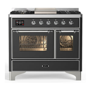 ILVE Majestic III 40-Inch Dual Fuel Range with 6 Sealed Burners + Griddle, 3.82 cu. ft. Oven, Matte Graphite with Chrome Trim, Natural Gas, Triple Glass Door, UMD40FNR3MGC