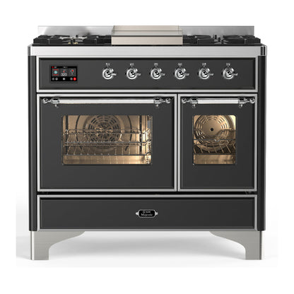 ILVE Majestic III 40-Inch Dual Fuel Range with 6 Sealed Burners + Griddle, 3.82 cu. ft. Oven, Matte Graphite with Chrome Trim, Natural Gas, Triple Glass Door, UMD40FNR3MGC