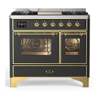 ILVE Majestic III 40-Inch Dual Fuel Range with 6 Sealed Burners + Griddle, 3.82 cu. ft. Oven, Matte Graphite with Brass Trim, Natural Gas, Triple Glass Door, UMD40FNR3MGG