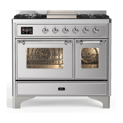 ILVE Majestic III 40-Inch Dual Fuel Range with 6 Sealed Burners + Griddle, 3.82 cu. ft. Oven, Stainless Steel with Chrome Trim, Liquid Propane, Triple Glass Door, UMD40FNR3SSCLP