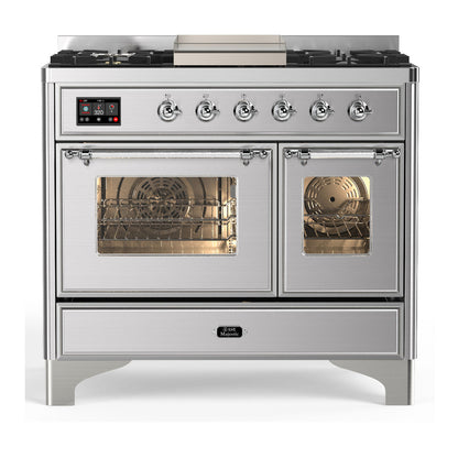 ILVE Majestic III 40-Inch Dual Fuel Range with 6 Sealed Burners + Griddle, 3.82 cu. ft. Oven, Stainless Steel with Chrome Trim, Natural Gas, Triple Glass Door, UMD40FNR3SSC