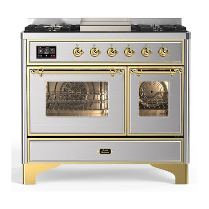 ILVE Majestic III 40-Inch Dual Fuel Range with 6 Sealed Burners + Griddle, 3.82 cu. ft. Oven, Stainless Steel with Brass Trim, Natural Gas, Triple Glass Door, UMD40FNR3SSG