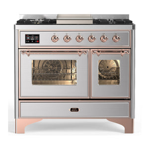 ILVE Majestic III 40-Inch Dual Fuel Range with 6 Sealed Burners + Griddle, 3.82 cu. ft. Oven, Stainless Steel with Copper Trim, Liquid Propane, Triple Glass Door, UMD40FNR3SSPLP