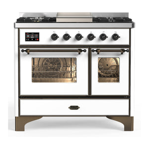 ILVE Majestic III 40-Inch Dual Fuel Range with 6 Sealed Burners + Griddle, 3.82 cu. ft. Oven, White with Burnished Trim, Liquid Propane, Triple Glass Door, UMD40FNR3WHBLP