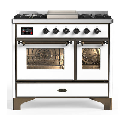 ILVE Majestic III 40-Inch Dual Fuel Range with 6 Sealed Burners + Griddle, 3.82 cu. ft. Oven, White with Burnished Trim, Liquid Propane, Triple Glass Door, UMD40FNR3WHBLP