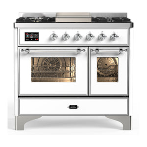 ILVE Majestic III 40-Inch Dual Fuel Range with 6 Sealed Burners + Griddle, 3.82 cu. ft. Oven, White with Chrome Trim, Liquid Propane, Triple Glass Door, UMD40FNR3WHCLP