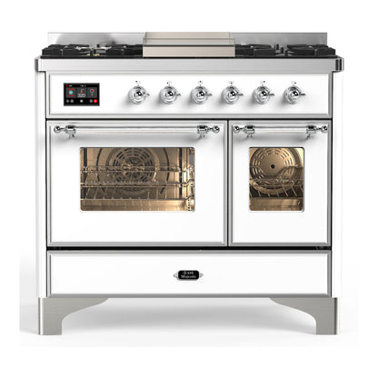 ILVE Majestic III 40-Inch Dual Fuel Range with 6 Sealed Burners + Griddle, 3.82 cu. ft. Oven, White with Chrome Trim, Liquid Propane, Triple Glass Door, UMD40FNR3WHCLP