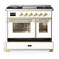 ILVE Majestic III 40-Inch Dual Fuel Range with 6 Sealed Burners + Griddle, 3.82 cu. ft. Oven, White with Brass Trim, Natural Gas, Triple Glass Door, UMD40FNR3WHG