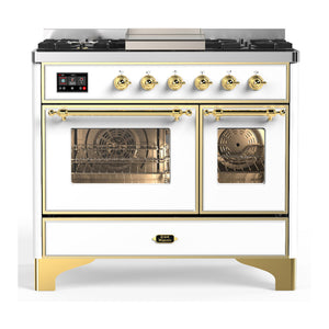 ILVE Majestic III 40-Inch Dual Fuel Range with 6 Sealed Burners + Griddle, 3.82 cu. ft. Oven, White with Brass Trim, Natural Gas, Triple Glass Door, UMD40FNR3WHG