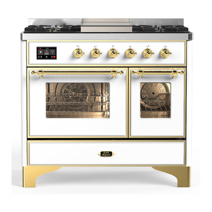 ILVE Majestic III 40-Inch Dual Fuel Range with 6 Sealed Burners + Griddle, 3.82 cu. ft. Oven, White with Brass Trim, Natural Gas, Triple Glass Door, UMD40FNR3WHG