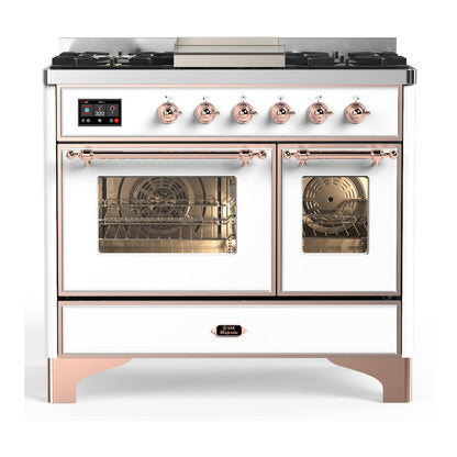 ILVE Majestic III 40-Inch Dual Fuel Range with 6 Sealed Burners + Griddle, 3.82 cu. ft. Oven, White with Copper Trim, Natural Gas, Triple Glass Door, UMD40FNR3WHP
