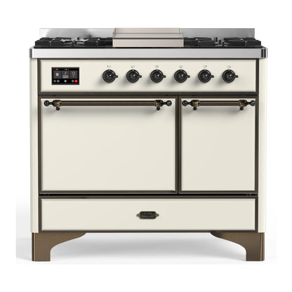 ILVE Majestic III 40-Inch Dual Fuel Range with 6 Sealed Burners + Griddle, 3.82 cu. ft. Oven, Antique White with Burnished Trim, Natural Gas, Solid Door, UMD40FQNR3AWB