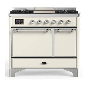 ILVE Majestic III 40-Inch Dual Fuel Range with 6 Sealed Burners + Griddle, 3.82 cu. ft. Oven, Antique White with Chrome Trim, Natural Gas, Solid Door, UMD40FQNR3AWC