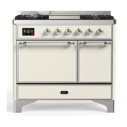 ILVE Majestic III 40-Inch Dual Fuel Range with 6 Sealed Burners + Griddle, 3.82 cu. ft. Oven, Antique White with Chrome Trim, Natural Gas, Solid Door, UMD40FQNR3AWC