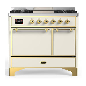 ILVE Majestic III 40-Inch Dual Fuel Range with 6 Sealed Burners + Griddle, 3.82 cu. ft. Oven, Antique White with Brass Trim, Liquid Propane, Solid Door, UMD40FQNR3AWGLP