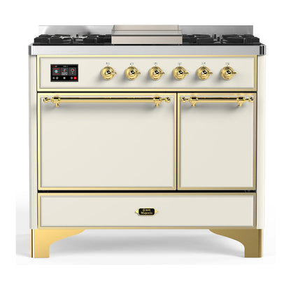 ILVE Majestic III 40-Inch Dual Fuel Range with 6 Sealed Burners + Griddle, 3.82 cu. ft. Oven, Antique White with Brass Trim, Liquid Propane, Solid Door, UMD40FQNR3AWGLP