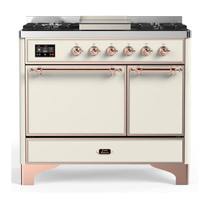 ILVE Majestic III 40-Inch Dual Fuel Range with 6 Sealed Burners + Griddle, 3.82 cu. ft. Oven, Antique White with Copper Trim, Liquid Propane, Solid Door, UMD40FQNR3AWPLP